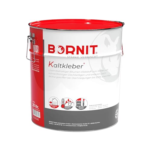 BORNIT Bitumenkleber Kaltkleber für Dachbeläge bis 12,5% Neigung 25 L, Mittelviskoser Klebstoff auf Bitumen-Lösemittel-Basis, haftet auf Beton, Mauerwerk und vielen Dachbelägen von BORNIT