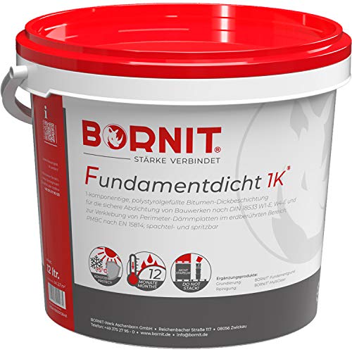 BORNIT Fundamentdicht 1K, 12 L, polymermodifizierte Bitumen Dickbeschichtung (PMBC), für hochflexible und wasserdichte Abdichtung von Fundamenten und Bodenplatten von BORNIT