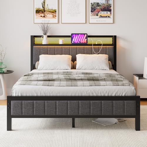 BORPHOM Bettrahmen mit LED,Ladestation,Doppelbett/Einzelbett Gästebett Metallbett Polsterbett 140x200 Bettgestell aus Metall,Jugendbett mit Lattenrost Kopfteil in Grau,für Schlafzimmer Gästezimmer BORPHOM Bettrahmen mit LED,Ladestation,Doppelbett/Einzelbett Gästebett Metallbett Polsterbett 140x200 Bettgestell aus Metall,Jugendbett mit Lattenrost Kopfteil in Grau,für Schlafzimmer Gästezimmer von BORPHOM