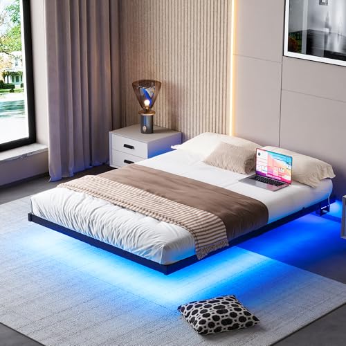 BORPHOM Doppelbettrahmen mit LED-Lichtern und USB-Ladestation, Metallbettrahmen, Doppelbettgestell, Matratzenboden, robuste Metalllamellen, geräuschfrei, schwarzes Bett, 135 x 190 cm von BORPHOM