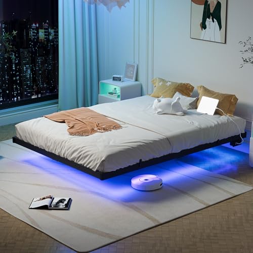BORPHOM Kingsize-Bettrahmen, schwimmendes Bettgestell mit LED-Lichtern und USB-Ladestation, 150 x 200 cm, Metallplattform, Kingsize-Bettgestell, Matratzenbasis, robuste Metalllamellen, geräuschfrei von BORPHOM