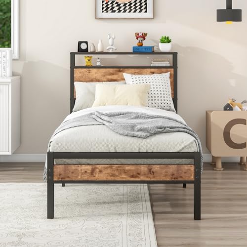 BORPHOM Metallbett aus Metall 90x200 Bettgestell mit Lattenrost,Bettrahmen Holz mit Stauraum Kopfteil,Für Erwachsene, Kinder, Jugendliche,Einzelbett Gästebett Einzelbettgestell 90x200 Bett,Braun BORPHOM Metallbett aus Metall 90x200 Bettgestell mit Lattenrost,Bettrahmen Holz mit Stauraum Kopfteil,Für Erwachsene, Kinder, Jugendliche,Einzelbett Gästebett Einzelbettgestell 90x200 Bett,Braun von BORPHOM
