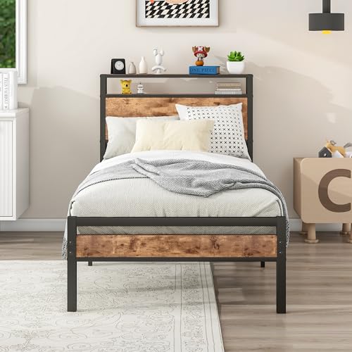 BORPHOM Metallbett aus Metall 90x200 Bettgestell mit Lattenrost,Bettrahmen Holz mit Stauraum Kopfteil,Einzelbett Gästebett Jugendbett 90x200 Bett,Vintage Braun+Schwarz von BORPHOM