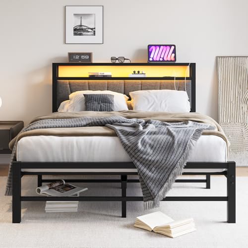 BORPHOM Polsterbett 120x200 mit LED Beleuchtung Bettgestell mit Lattenrost aus Metall,Bettrahmen Metallbett 120x200 mit Kopfteil & Ladestation,Einfache Montage,Doppelbett Jugendbett Schwarz von BORPHOM
