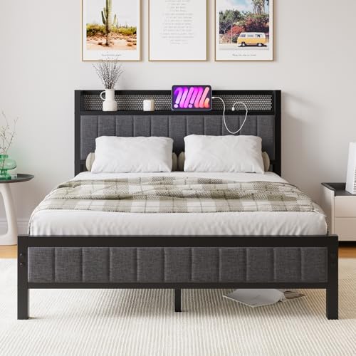 BORPHOM Bettrahmen mit Ladestation Doppelbett/Einzelbett Gästebett Metallbett Polsterbett 140x200 Bettgestell aus Metall,Jugendbett mit Lattenrost Kopfteil in Grau,für Schlafzimmer Gästezimmer BORPHOM Bettrahmen mit Ladestation Doppelbett/Einzelbett Gästebett Metallbett Polsterbett 140x200 Bettgestell aus Metall,Jugendbett mit Lattenrost Kopfteil in Grau,für Schlafzimmer Gästezimmer von BORPHOM