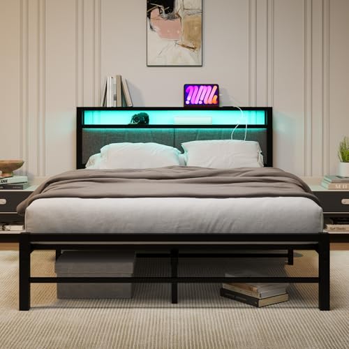 BORPHOM Polsterbett 140x200 mit LED Beleuchtung Bettgestell mit Lattenrost aus Metall,Bettrahmen Metallbett 140x200 mit Kopfteil & Ladestation,Einfache Montage,Doppelbett Jugendbett Schwarz von BORPHOM