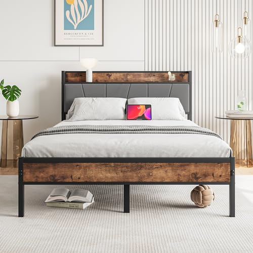 BORPHOM Polsterbett aus Metall,120x200 Bettgestell mit Lattenrost,Bett Bettrahmen Holz Metallbett mit Stauraum Kopfteil,Doppelbett 120x200cm für Schlafzimmer Gästezimmer von BORPHOM