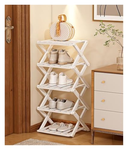 Faltbar Schuhregal Platzsparend Möbel Stauraum Aufbewahrung Schmal Hoch Kleines Stapelbar Faltbares Schuhablage Vorzimmer Offen Schmales Schuregal Bambusrega 2 3 4 5 6 7 8 Stufel(Schwarz,5 layer) von BORSAD