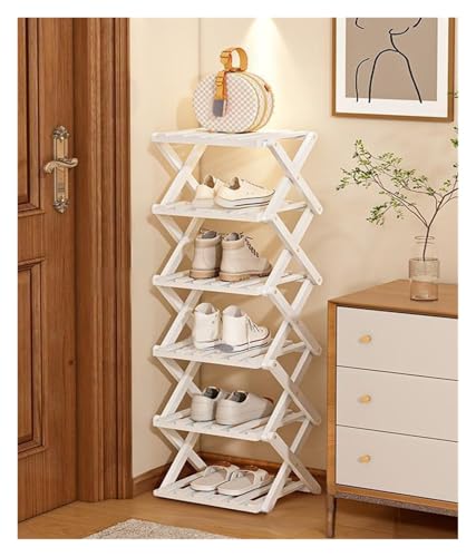 Faltbar Schuhregal Platzsparend Möbel Stauraum Aufbewahrung Schmal Hoch Kleines Stapelbar Faltbares Schuhablage Vorzimmer Offen Schmales Schuregal Bambusrega 2 3 4 5 6 7 8 Stufel(Schwarz,6 layer) von BORSAD