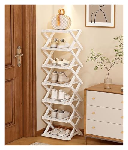 Faltbar Schuhregal Platzsparend Möbel Stauraum Aufbewahrung Schmal Hoch Kleines Stapelbar Faltbares Schuhablage Vorzimmer Offen Schmales Schuregal Bambusrega 2 3 4 5 6 7 8 Stufel(Schwarz,7 layer) von BORSAD