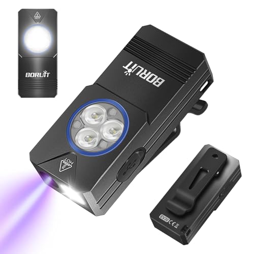 BORUIT EV30 Mini Taschenlampe, 550 Lumen wiederaufladbare EDC Flashlight mit 365nm UV-Licht, Aluminiumlegierung mit IP66 wasserdicht, Clip, Magnetisch, für Home Notfallarbeiten im Freien von BORUIT