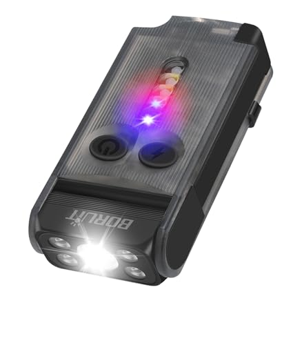 BORUIT V30 Taschenlampe LED Aufladbar mit UV und Rotlicht, Mini Taschenlampen 180° Drehbar, Klein Flashlight 120 dB-Summer 12 Modi, 900 Lumen IP65 Wasserdicht A/C-C Torch (Schwarz) von BORUIT