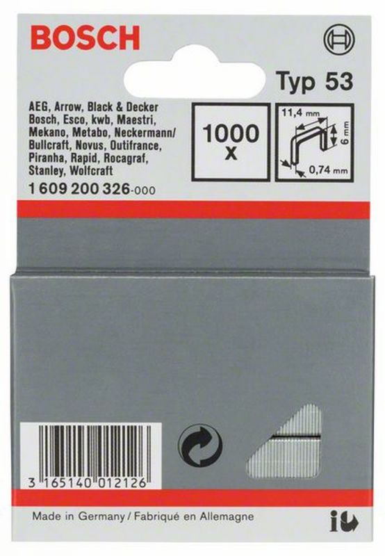 Bosch Feindrahtklammer Typ 53, 11,4 x 0,74 x 6 mm, 1000er-Pack 1609200326 von BOSCH-Zubehör