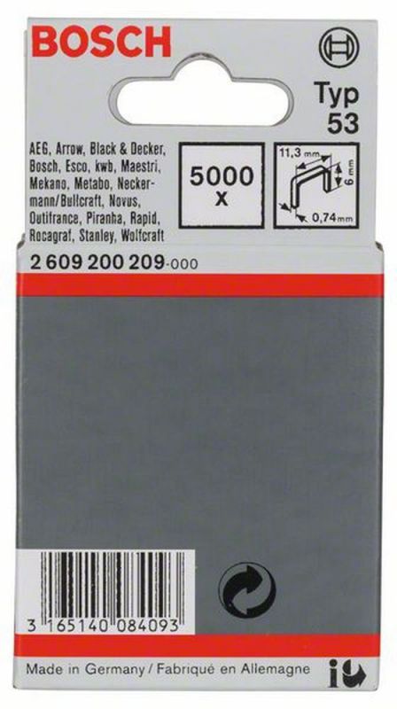 Bosch Feindrahtklammer Typ 53, 11,4 x 0,74 x 6 mm, 5000er-Pack 2609200209 von BOSCH-Zubehör