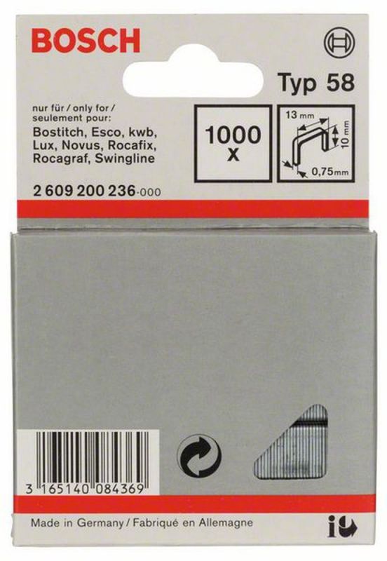 Bosch Feindrahtklammer Typ 58, 13 x 0,75 x 10 mm, 1000er-Pack 2609200236 von BOSCH-Zubehör
