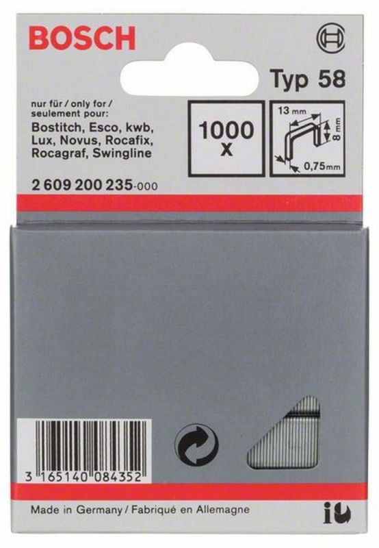 Bosch Feindrahtklammer Typ 58, 13 x 0,75 x 8 mm, 1000er-Pack 2609200235 von BOSCH-Zubehör