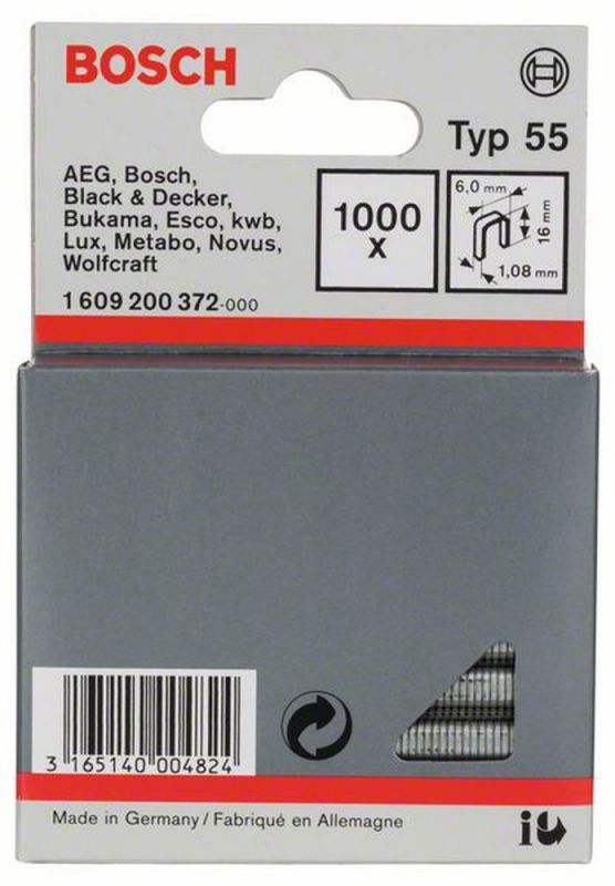 Bosch Schmalrückenklammer Typ 55, 6 x 1,08 x 16 mm, 1000er-Pack 1609200372 von BOSCH-Zubehör