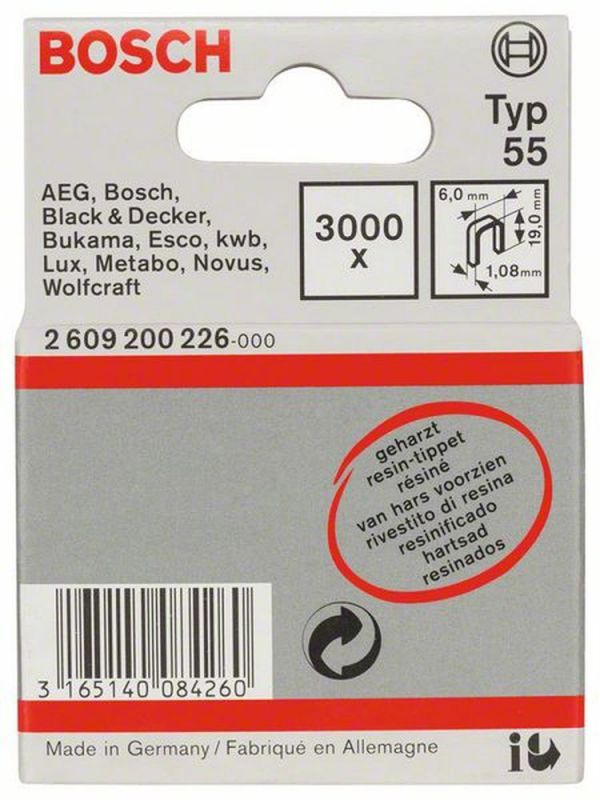 Bosch Schmalrückenklammer Typ 55, geharzt 6 x 1,08 x 19 mm, 3000er-Pack 2609200226 von BOSCH-Zubehör