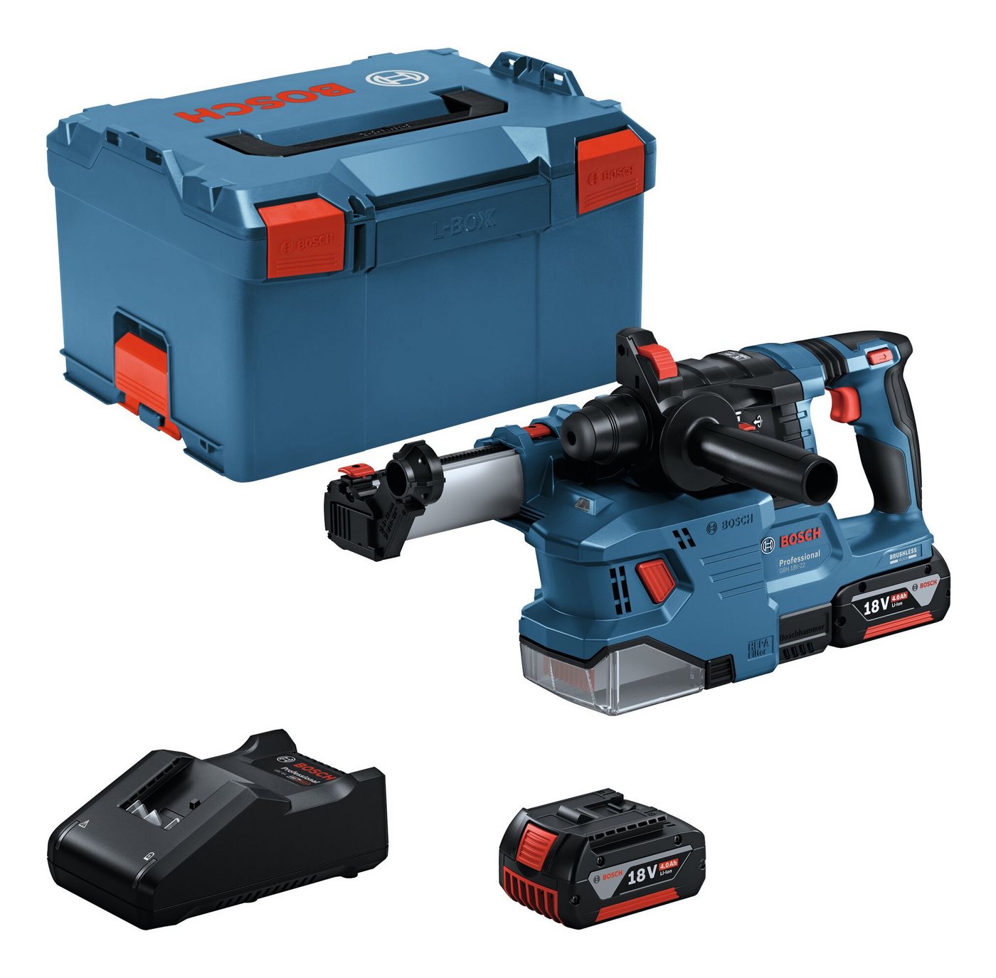 BOSCH Akku-Kombibohrhammer GBH 18V-22, 18 V, max. 1050 U/min, Bohrhammer mit SDS plus mit 2x Akku 4 Ah - in L-BOXX 238 von BOSCH