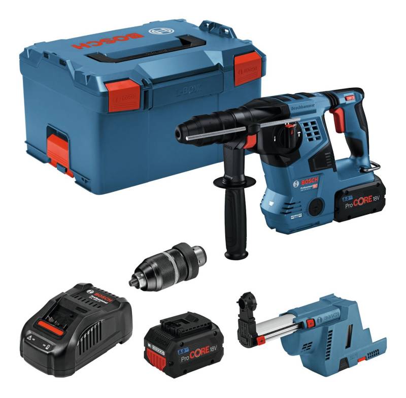 BOSCH Akku-Kombibohrhammer GBH 18V-28 CF, 18 V, Bohrhammer m. SDS plus m. 2x Akku ProCORE 8 Ah & GDE 18V-16 - in L von BOSCH
