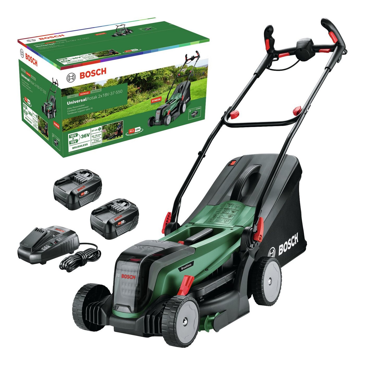 BOSCH Akkurasenmäher UniversalRotak, 37 cm Schnittbreite, 2 x 18V-37-550 mit 2x Akku 4 Ah - im Karton BOSCH Akkurasenmäher UniversalRotak, 37 cm Schnittbreite, 2 x 18V-37-550 mit 2x Akku 4 Ah - im Karton von BOSCH