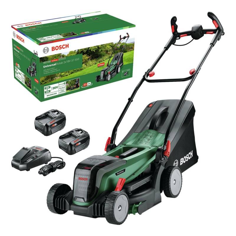 BOSCH Akkurasenmäher UniversalRotak, 37 cm Schnittbreite, 2 x 18V-37-550 mit 2x Akku 4 Ah - im Karton von BOSCH