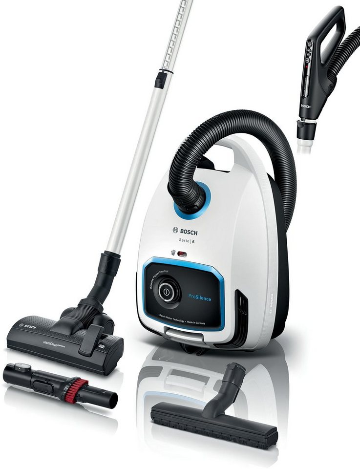 BOSCH Bodenstaubsauger Serie 6 ProSilence BGL6TSIL, Hygiene-Filter, 10 Jahre Motorgarantie, 700 W, mit Beutel, Leistungsregulierung am Handgriff, langes Kabel, extrem leise, weiß von BOSCH