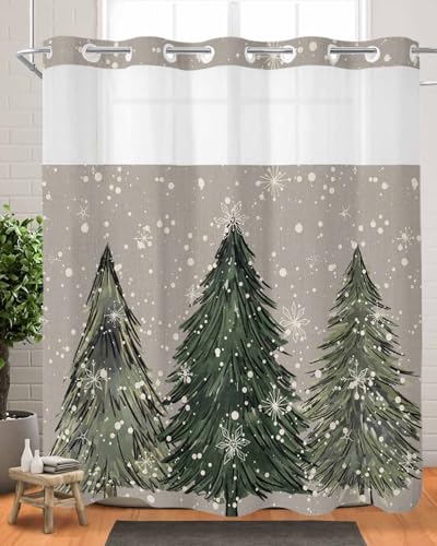 BOSIJOY Duschvorhang ohne Haken, mit einrastbarem Einsatz, Frohe Weihnachten, grüner Tannenbaum, wasserdichter Stoff, Duschvorhänge, Winter, weiße Schneeflocke auf grau, doppellagiger Badvorhang für BOSIJOY Duschvorhang ohne Haken, mit einrastbarem Einsatz, Frohe Weihnachten, grüner Tannenbaum, wasserdichter Stoff, Duschvorhänge, Winter, weiße Schneeflocke auf grau, doppellagiger Badvorhang für von BOSIJOY