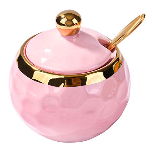 BOSILI Zuckerdose aus Keramik, Golfform, Zuckerdose aus Keramik mit Deckel und goldenem Löffel für Zuhause und Küche (Rosa) von BOSILI