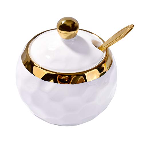 BOSILI Zuckerdose aus Keramik, Golfform, Zuckerdose aus Keramik mit Deckel und goldenem Löffel für Zuhause und Küche (weiß) von BOSILI