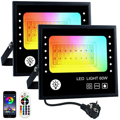 BOSITE 2 Stück RGB Strahler 60W, Led Fluter RGB Dimmbar,LED Strahler Bunt,IP66 Wasserdicht,6500k weißes Licht,Timer,RGBW-Farbwechsel Flutlicht für Club Home Party Baum Bühnenlichter Weihnachten von BOSITE