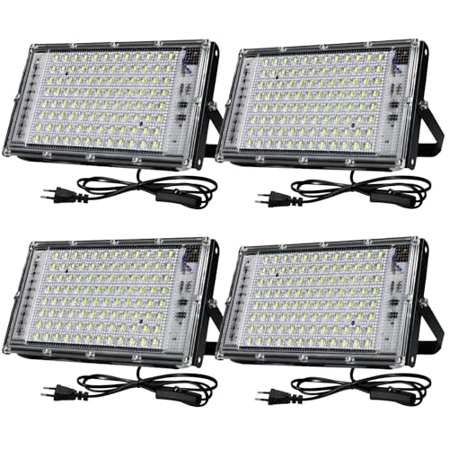 BOSITE LED Strahler Außen 100W, 4 Stück Led Fluter 6500K Kaltweiß,10000LM LEDs Scheinwerfer,IP65 Wasserdicht Aussenstrahler fur Hof Türen Rasen Garage Stadion Spielplatz von BOSITE
