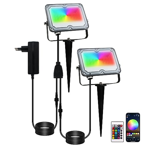 BOSITE RGB Gartenstrahler, 2er LED Strahler RGB mit Erdspieß, IP66 Wasserdicht LED Flutlicht Außen mit Fernbedienung und Bluetooth App, Spot LED RGB für Außen Garten Baum Landschaft Rasen (10W 24V) von BOSITE