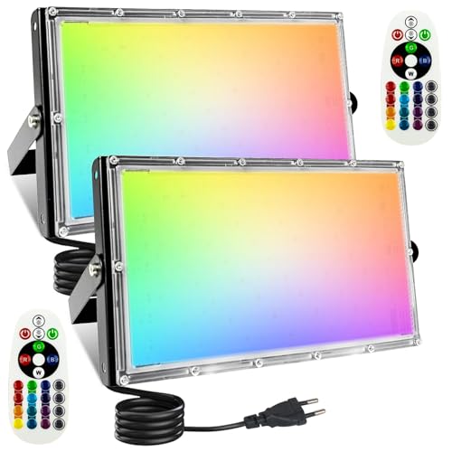 BOSITE RGB Strahler, 120W RGB LED Strahler mit Fernbedienung, rgb Flutlicht Außen, IP66 Wasserdicht,4 Dynamische Modi LED Farbwechsel Flutlicht fur Party Disco Halloween Häuser von BOSITE