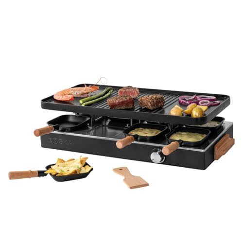 BOSKA Raclette Gourmet Party – Raclette-Grill für 8 Personen – PFAS-frei – Keramische Grillplatte – Griffe aus Buchenholz – Wendeplatte aus Aluminium – Schwarz von BOSKA