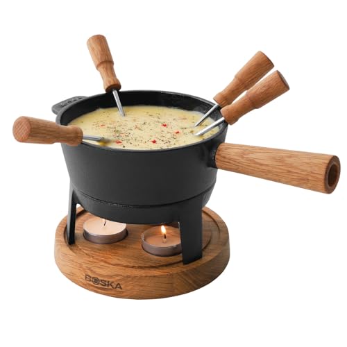 Boska Fondue Set Pro S - 2 bis 4 Personen - Käsefondue Teelichter mit Stil - 700 ml Inhalt für 350 gr Geschmolzenen Käse [ink. Fonduegabeln] [Stabile, Eichenholz und Edelstahl] von BOSKA