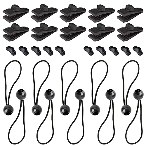 30 Stück Tarp Clips mit Bungee Balls und Cord Locks, BOSOIRSOU Tarp Clamp Lock Grip Tent Fastener Clip Bungee Cord Clip for Pool Cover RV Awning Cover Banner Car Cover Hammock von BOSOIRSOU