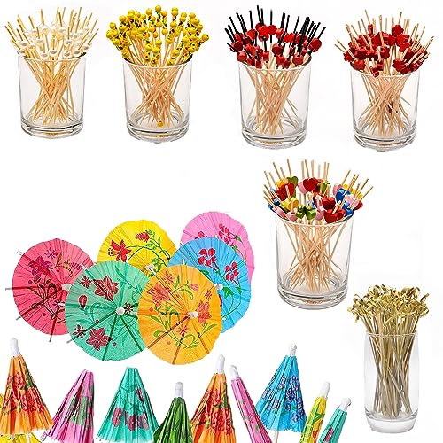 350 Stück Cocktail-Picks und Getränkeschirme, Cocktail-Getränkezubehör, 12 cm Obststäbchen, geknoteter Bambus-Pick, 10 cm Papierschirm, Getränkedekoration für Weihnachten, Luau, Hawaii, Strandparty von BOSOIRSOU