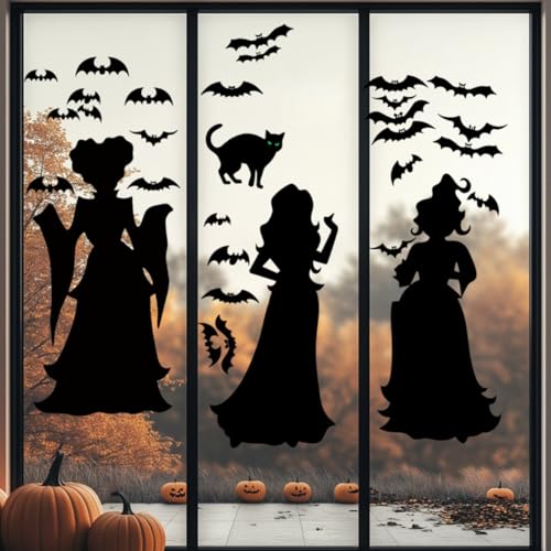BOSSETY Halloween Fensterbilder, 59×40cm Hexe Fledermauselement, PVC-Material, Abnehmbar und Wiederverwendbar, Halloween Aufkleber-Set Party Dekoration, für Fenster, Spiegel, Fliesen von BOSSETY