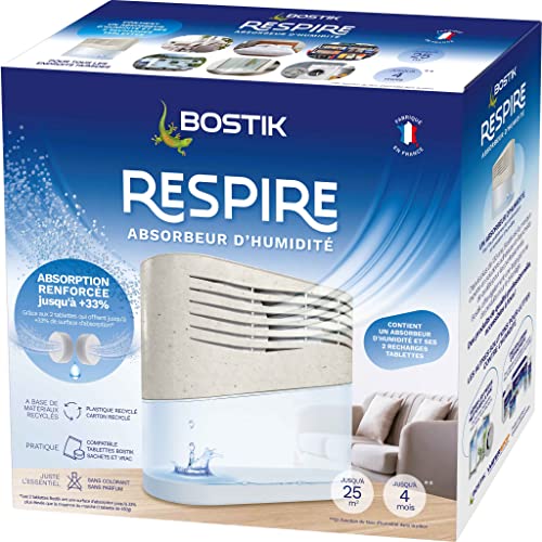 Bostik RESPIRE Luftentfeuchter, Luftentfeuchter für Haus, Wohnung und Wohnwagen, für Räume bis 25m², Inklusive 2 Nachfülltabs je 250g von BOSTIK
