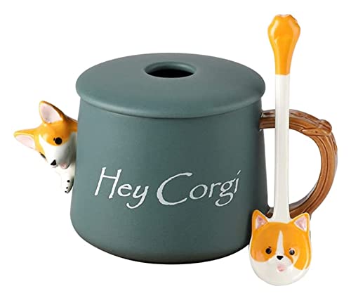 BOSUGE, Tee-Kaffeetasse aus Keramik mit Deckel und Löffel, 3D-Kaffeetasse, Corgi-Teetassen for Hundeliebhaber, Kinder, Mädchen, Jungen von BOSUGE