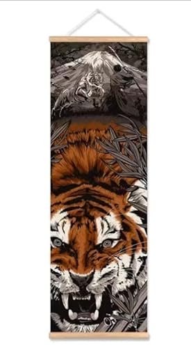 BOSUGE Rollbild, Tiger Mount Fuji Ukiyoe Tattoo Wall Art Decor, Bushido Samurai Poster and Prints, Vintage Wooden Canvas Roll Painting Artwork for Living Room Bedroom (Size : 40CMX120CM) von BOSUGE