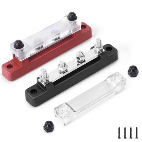 BOSYTRO 2 Stück Sammelschiene 12V-48V DC 150A Busbar Sammelschienen Verteilerblock 12v Stromverteilungsblock mit Cover 4x M6 Klemmenbolzen, 12 Volt Verteiler für Auto RV Boot (Rot Schwarz) von BOSYTRO