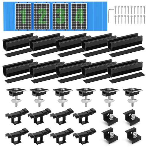 BOSYTRO Solarmodul Halterung Montageset, PV Halterung für 4X Module, 12CM Schwarze Schiene+Solarpanel Wasserablauf Clips 30MM+Verstellbare Klemme für 30-35MM Dicke Module für Flachdach Trapezblech von BOSYTRO