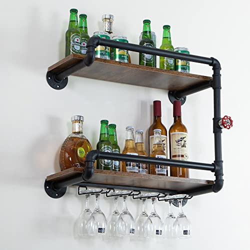 BOTAOYIYI Weinregal, Wandmontage, 2 Ebenen, hängend, schwimmend, kleine Mini-Bar, Likörregale mit Glashalter, Aufbewahrung, industriell, rustikal, Küchendekoration, schwarz (23.6 x 10.6 x 19.7 cm) von BOTAOYIYI