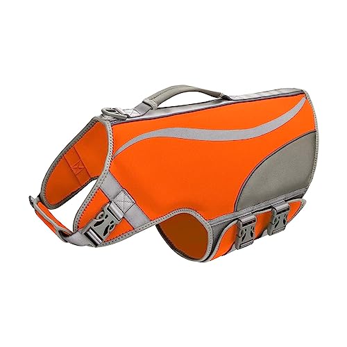 Schwimmweste Hunde : Haifisch Hunde schwimmweste, wasserdichtem Schwimmhilfe Hundelebensretter Mit Griff und Reflektoren für Haustier Schwimmen Rafting Boot Training (M Orange) von BOTEWO