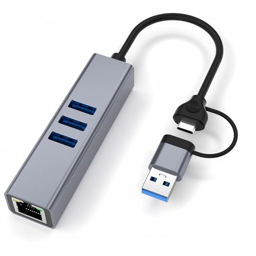 USB Type C LAN Adapter: 4-in-2 USB Ethernet Adapter mit 3 USB 3.0 Ports, RJ45 Gigabit USB LAN Adapter Kompatibel mit iPad Pro, MacBook Pro/Air, Surface Book usw von BOTEWO