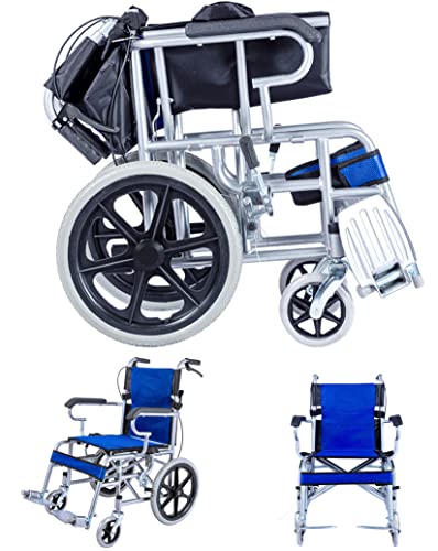 BOTOWI 16'' Ultra-Leichtgewicht Faltbarer Transportrollstuhl mit Klappbaren Fußstützen, Faltbare Rollstühle für Erwachsene, Tragbare Reiserollstühle für ältere Menschen,Blau von BOTOWI