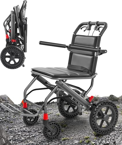 BOTOWI Aluminium-Transportrollstuhl mit breitem Sitz, 12" Räder hinten, Trolley-Design, Kompakt-Rollstuhl mit Handbremse, Ultraleichter Faltbarer Reiserollstuhl für Erwachsene/Kinder von BOTOWI
