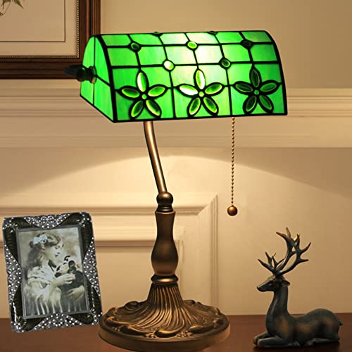 BOTOWI Bankers Lampe Grün Buntglas Schreibtischlampe, Tiffany Lampe, Vintage Tischlampe Mit Legierung Sockel Antike Kristallperlen Nachttischlampe Für Wohnzimmer Schlafzimmer Büro Home Decoration,D von BOTOWI